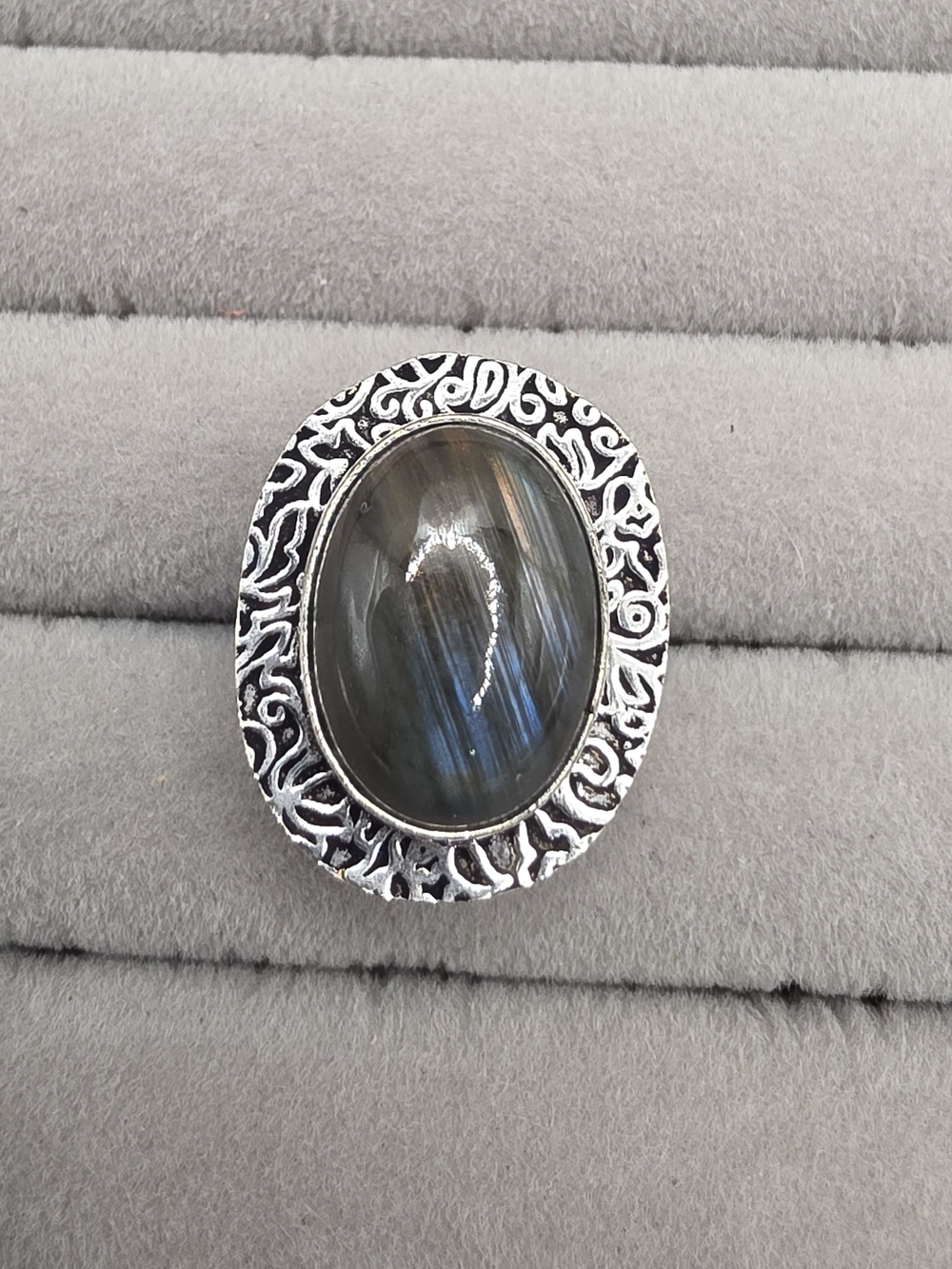 Silver Plated Labradorite Oval Statement Ring Size 6 - Gray Blue